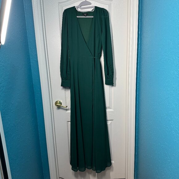 New Lulu's My Whole Heart Emerald Green Long Sleeve Wrap Dress Size Large - Picture 2 of 8